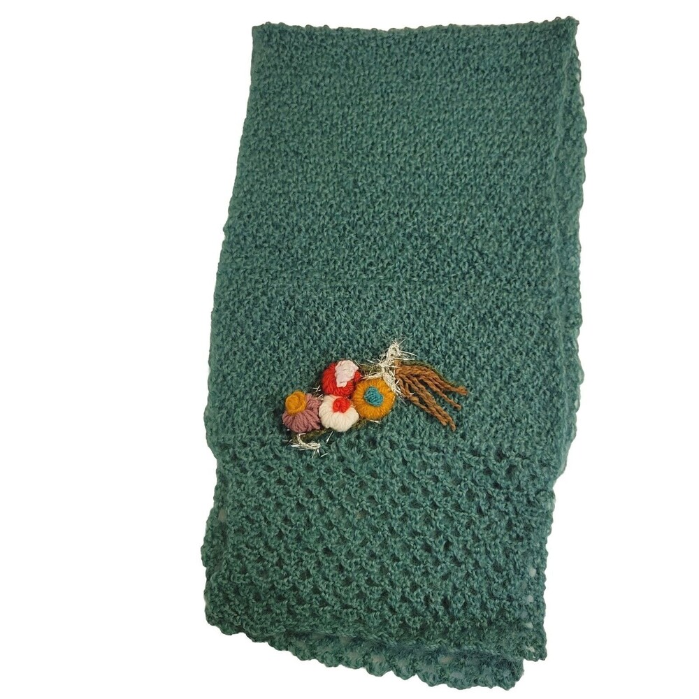 Handmade Knitted Green Retro Style Scarf With Handcrafted Colorful Flower Pin - Picture 3 of 11